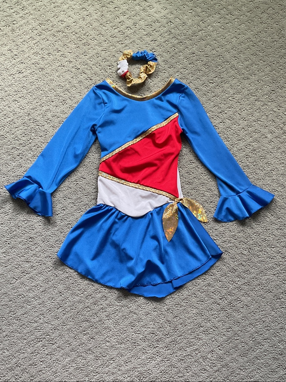 Blue and Red Girls' figure skating Costume with Gold Trim 0450